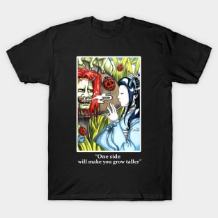 Japanese Alice in Wonderland and Caterpillar - One Side Makes You Grow Taller - White Outlined Version T-Shirt